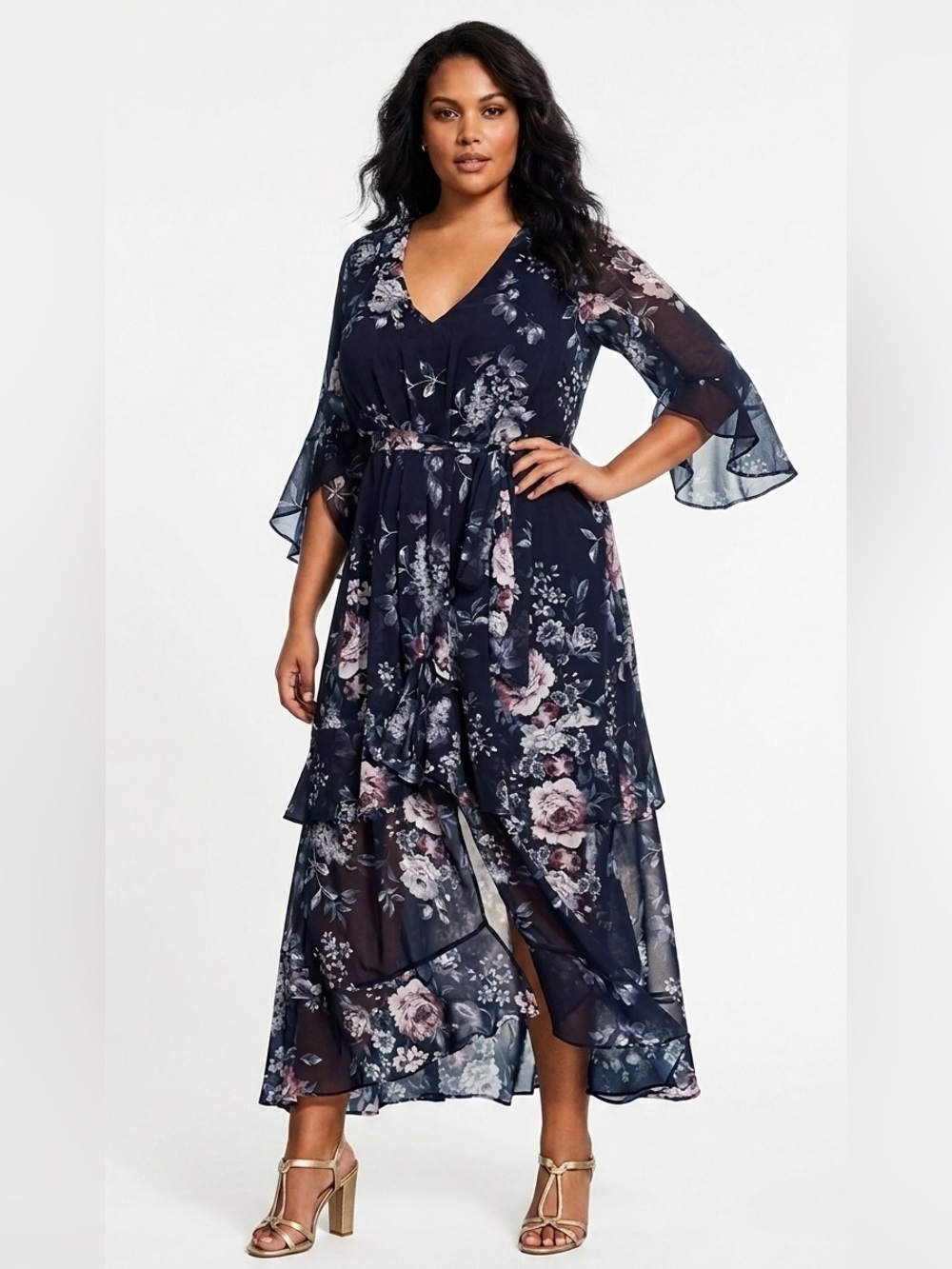 City Chic NWT Mysterious Navy Ruffle V-Neck Floral Flowy Maxi Dress Size 18